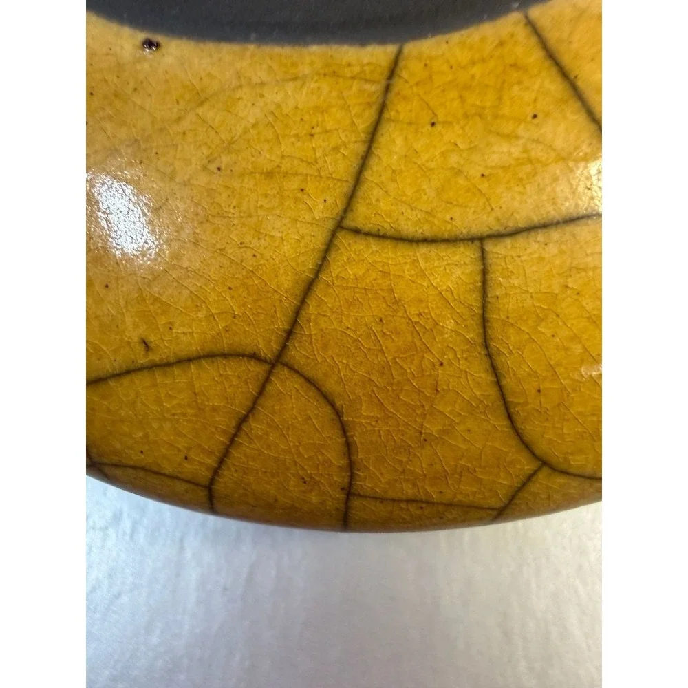 Lily Yellow Crackle Glaze Studio Pottery Vessel‎ Vase with Matte Black Rim